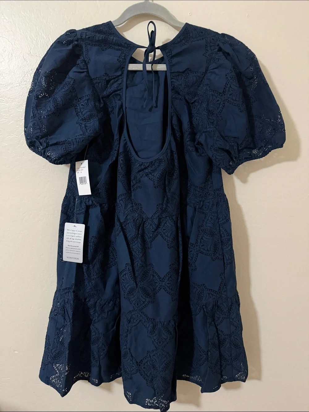 Adelyn Rae Navy Eyelet Puff-Sleeve Tiered Mini Dress - Picture 5 of 6